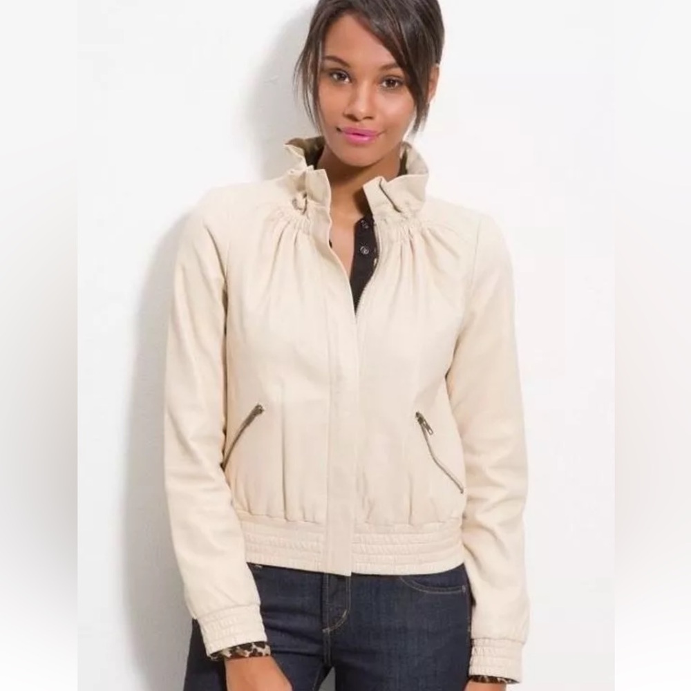 Hinge Ruffled Collar Lambskin Leather Jacket